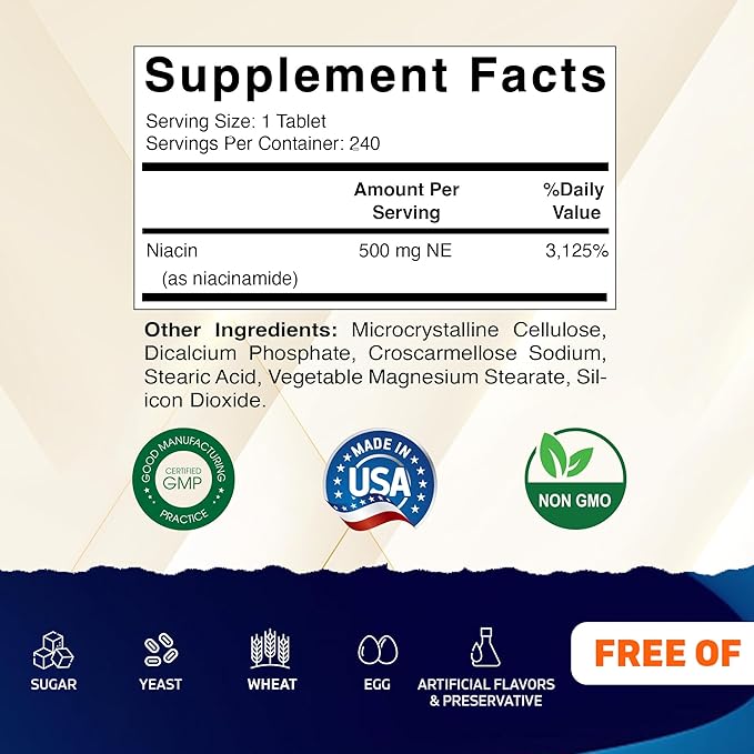 Vitamatic Niacinamide 500 mg 240 Tablets - Flush Free Vitamin B3 - Supports Energy Production-2 Pack
