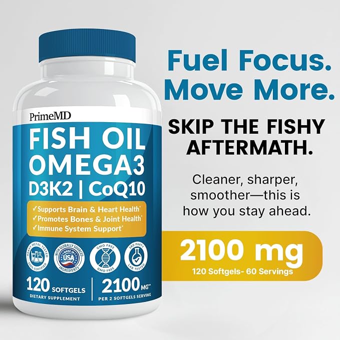 5-in-1 Fish Oil Omega 3 Fatty Supplements (2100mg) - Omega 3 Fish Oil with Vitamins D3 K2 and CoQ10 - Lemon Flavored (120 softgels, Pack of 4)