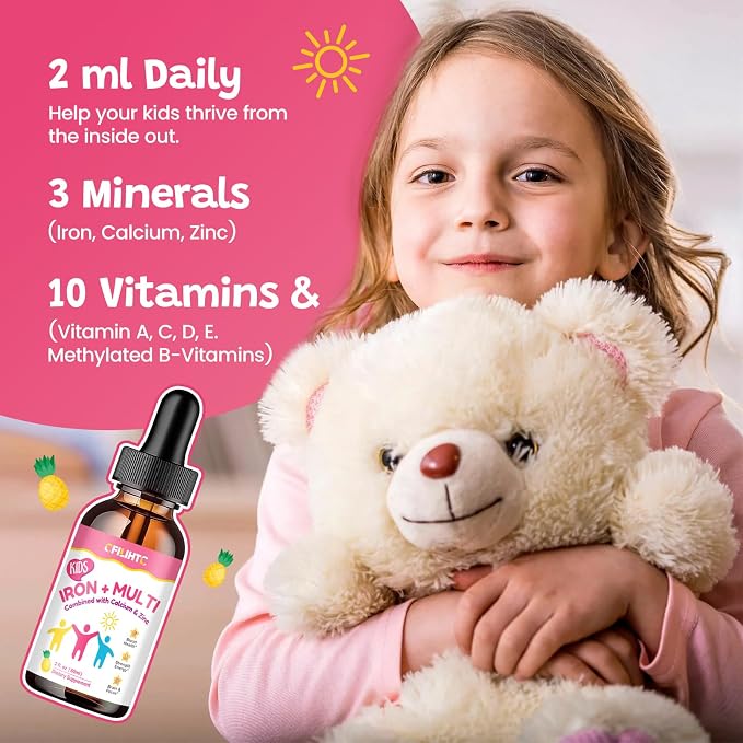 Liquid Iron Supplement for Kids, Women & Men - with Calcium, Zinc, Kids Multivitamin with Iron Drops - Blood Builder & Energy Support for Iron Deficiency, Anemia, Pineapple Flavor 2 Fl Oz