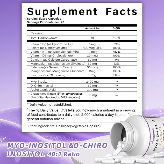 13-in-1 Myo Inositol & D-Chiro Inositol for Women PCOS,Hormonal Balance,2460mg-40:1 Ratio,Ovarian Health&Cycle Support Supplement Plus Alpha Lipoic Acid/Folate/Vitex/Magnesium/Multivitamin,120 Veg Cap