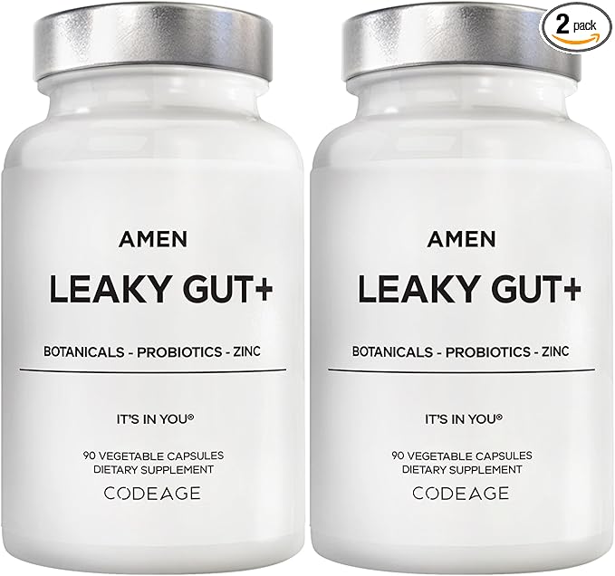Amen Leaky Gut Supplement - Advanced Formula with Bioavailable L Glutamine, Zinc, Turmeric, DGL Licorice Root - Marshmallow Root - Probiotics & Fermented Prebiotics - Vegan, Non-GMO - 2-Pack