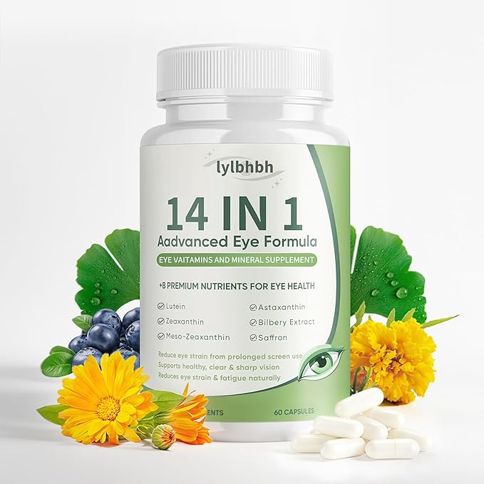 14 in 1 Advanced Eye Formula, Eye Supplement with Lutein, Zeaxanthin, Vision & Focus, Suitable for Adults and Seniors, 60 Capsules