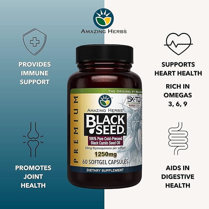 Amazing Herbs Premium Black Seed Oil Capsules - High Potency, Cold Pressed Nigella Sativa Aids in Digestive Health, Immune Support & Brain Function - 60 Count, 1250mg (60 Count (Pack of 2))