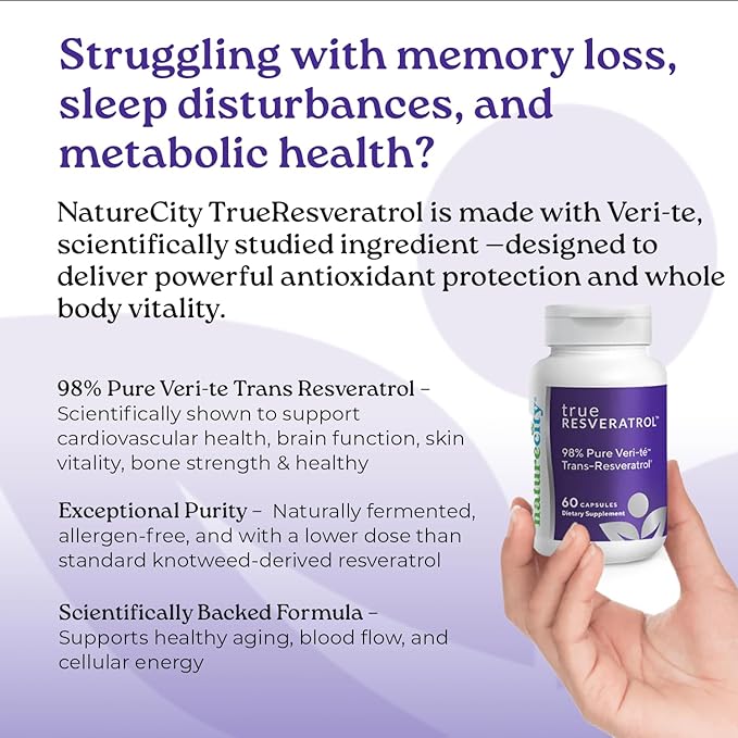 NatureCity TrueResveratrol – Resveratrol Supplement & Anti-Aging Support with 75mg Trans-Resveratrol (98% Pure Veri-te) for Heart, Immune, Bone & Cognitive Health | 60 Veggie Capsules