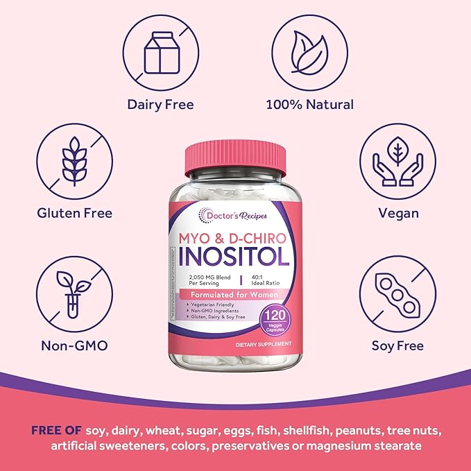 Doctor's Recipes Inositol Supplement for Women, Myo-Inositol & D-Chiro Inositol Capsules 2050mg per Serving, Ideal 40:1 Blend, 120 Vegan Caps