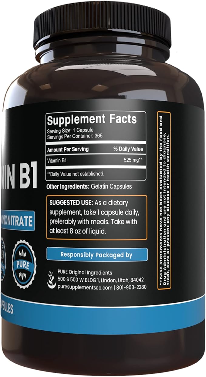 PURE ORIGINAL INGREDIENTS Vitamin B1 (Thiamine Mononitrate) (365 Capsules) No Magnesium Or Rice Fillers, Always Pure, Lab Verified