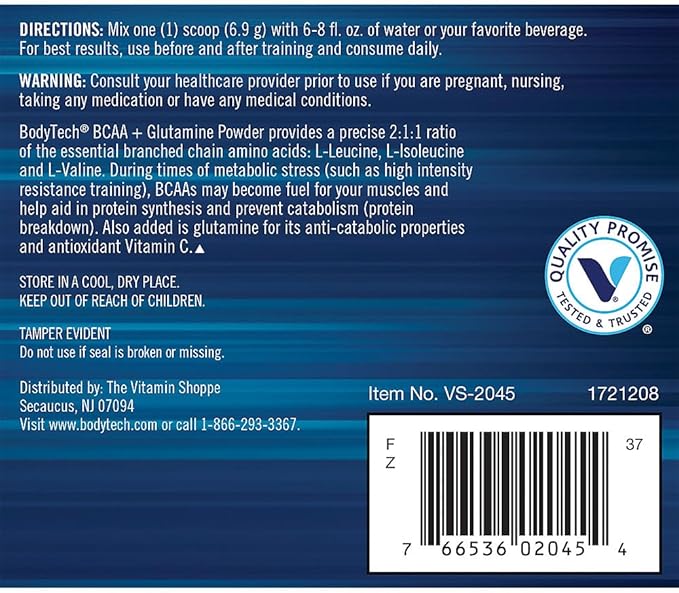 BodyTech BCAA + Glutamine Powder with Vitamin C, L Glutamine & More, Essential Pre Workout or Post Workout Amino Acids for Men & Women, Unflavored, 7.3 Oz, 30 Servings