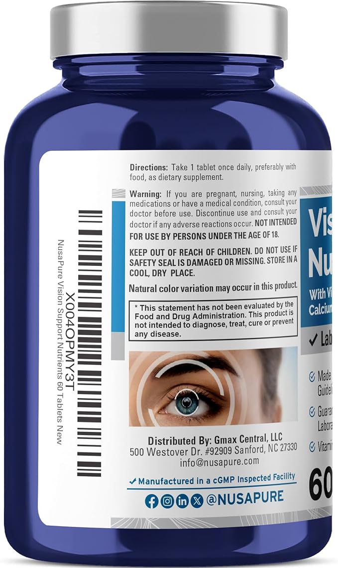 NusaPure Vision Support Nutrients with Vitamin A, C, E, Calcium, Zinc, Selenium, Copper, Lutein 60 Tablets Non-GMO Dietary Supplement