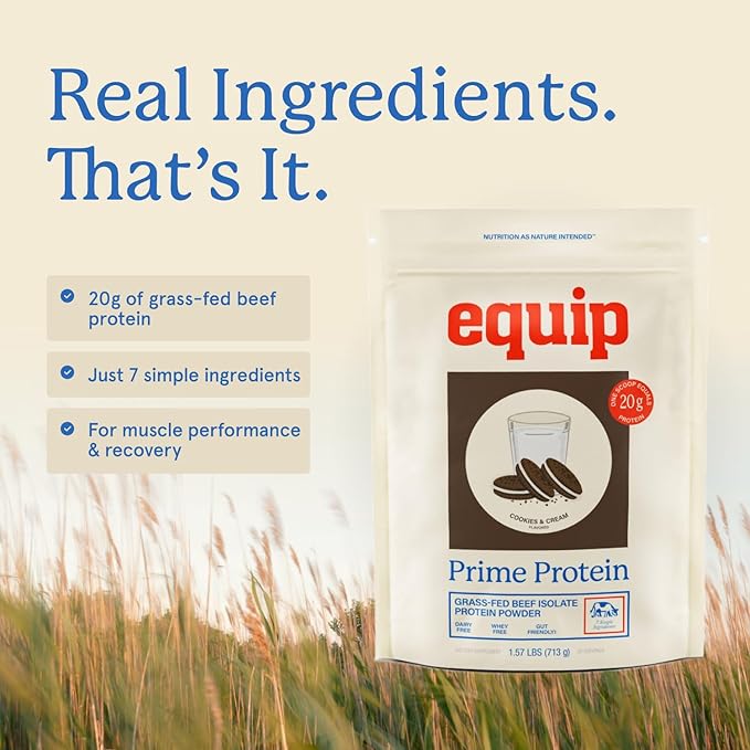 Equip Prime Cookies & Cream Protein Powder - Gut-Friendly, No Sugar Protein Shake Powder with Grass-Fed Beef & Natural Collagen - Rich & Creamy Mix - 21g Per Serving - Whey & Dairy-Free (30 Scoops)