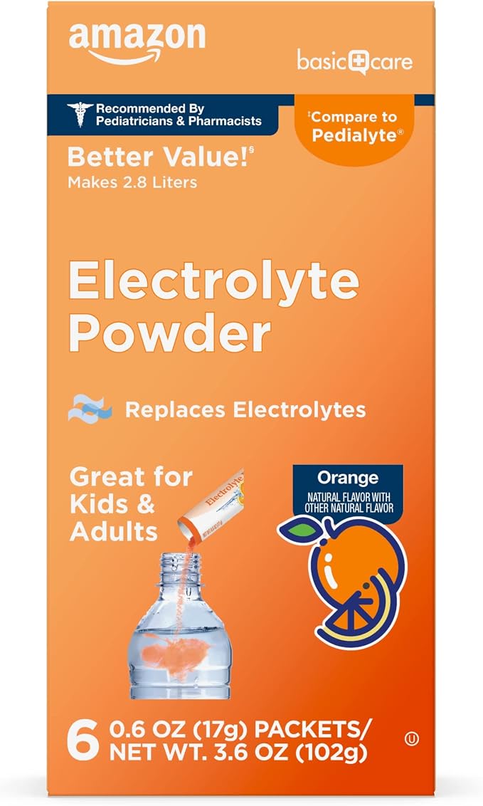 Amazon Basic Care Electrolyte Powder Packets for Kids & Adults, Orange Flavor, 6 Count (Pack of 1)