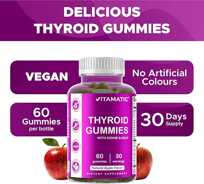 Vitamatic Vegan Thyroid Support Gummies with Iodine & Kelp – 60 Count Improve Your Energy & Increase Metabolism – Plant-Based