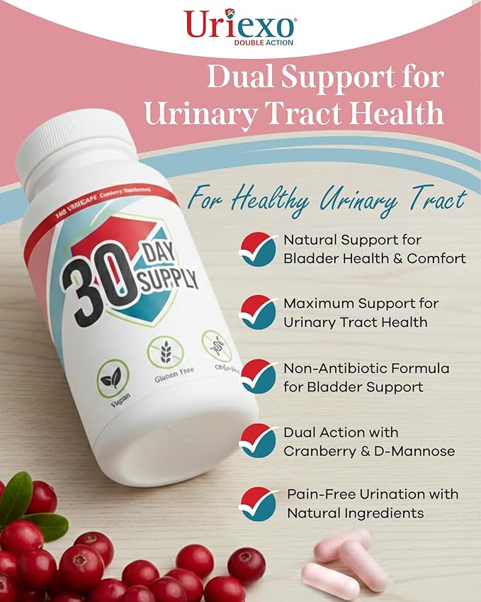 Uriexo Double Action Support Cranberry Pills - Urinary Tract Health Supplement with 36mg Proanthocyanidins PACs & 2000mg D-Mannose, Capsules for Men & Women, Non-Antibiotic Formula, 30 Day Supply
