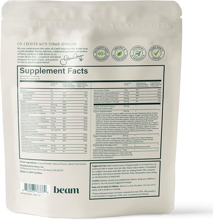 Beam Kids Multivitamin Powder – Kids Vitamins with Greens, Probiotic & Prebiotic, Immune Support for Children & Toddlers, No Artificial Sweeteners, for Picky Eaters, 20 Servings, Chocolate Flavor