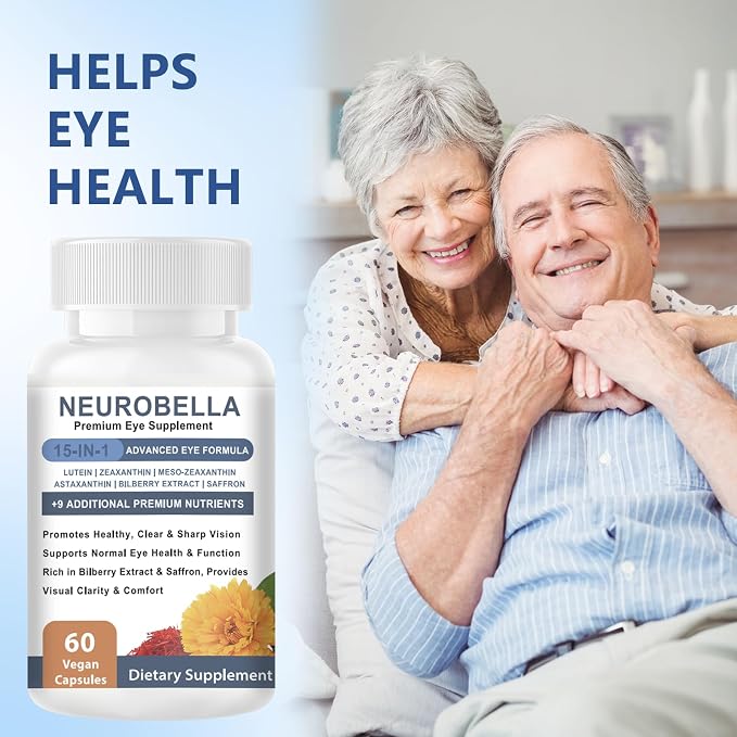 Neurobella Eye Formula， 15-in-1 Eye Nutritional Support Capsules - Containing carotenoids (Lutein, zeaxanthin, etc.),Bilberry Extract and Saffron, 60 Capsules