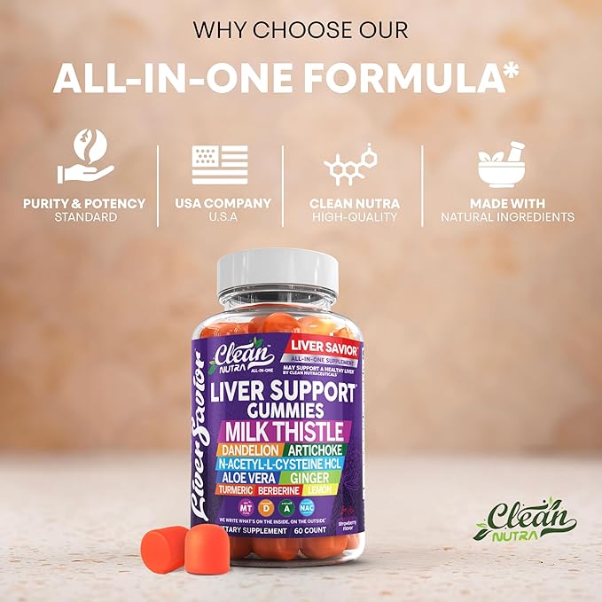 Clean Nutra Liver Cleanse Detox & Repair Gummies | Milk Thistle Gummy Liver Support Vitamins | Dandelion, Artichoke, Aloe Vera, Ginger, Berberine, Lemon, N-Acetyl-L-Cysteine, Turmeric Supplement HCL