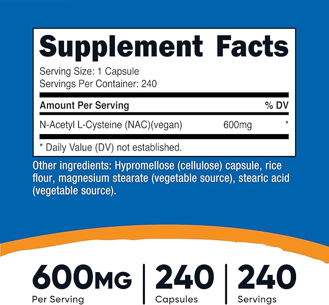 Nutricost N-Acetyl L-Cysteine (NAC) 600mg, 240 Vegetarian Capsules - Vegan, Non-GMO, Gluten Free