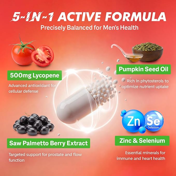 Lycopene 500MG & Prostate Supplement for Men 5-in-1 | Supports Heart & Skin Health， with Saw Palmetto Berry Extract, Pumpkin Seed Oil, Zinc & Selenium | Vegan, Non-GMO, 90 Capsules