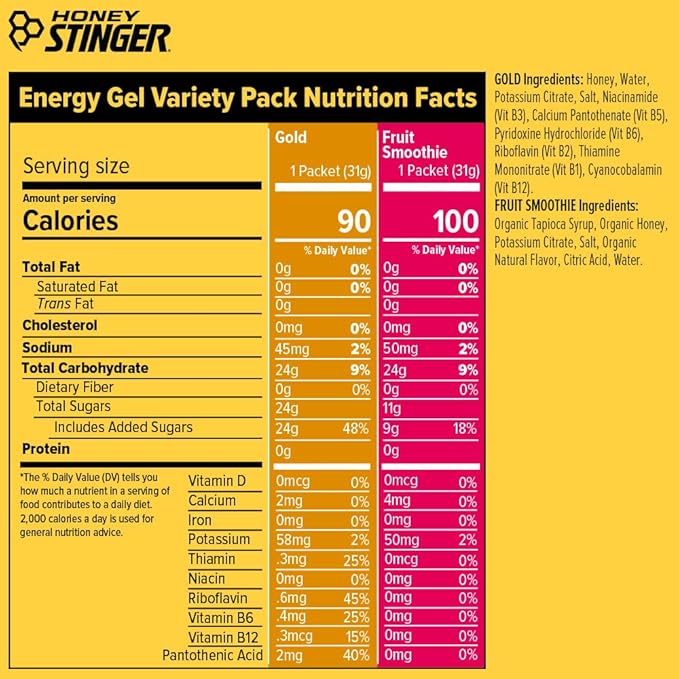 Honey Stinger Energy Gel Variety Pack of 24, 12 Packs Each of Gold and Organic Fruit Smoothie, Gluten Free & Caffeine Free, Sports Nutrition for Home & Gym, Pre and Mid Workout