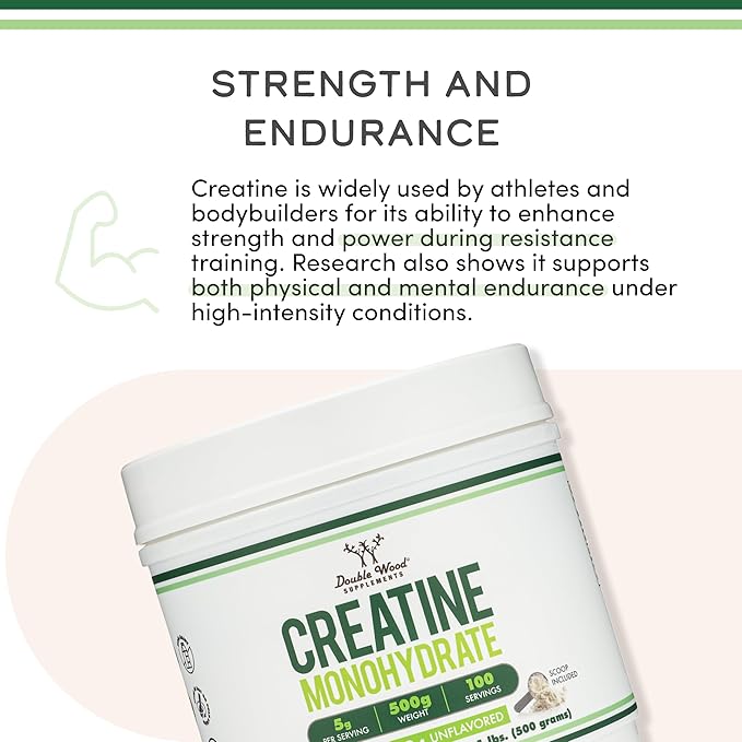 Creatine Monohydrate Powder 1.1lbs (100 Servings of 5 Grams Each) - No Fillers, Vegan Safe, Non-GMO, Gluten Free by Double Wood (Pack of 2)