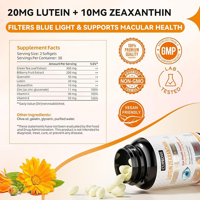 Eye Health Supplements for Macular Support, Lutein 20mg + Zeaxanthin 10mg with Bilberry, Vitamins C, E & Zinc, Macular & Vision Support for Adults & Seniors, Non-GMO, Gluten Free, 60 Softgels