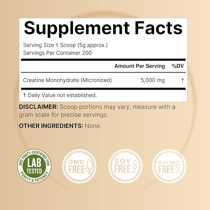 NatureBell Creatine Monohydrate Powder 1,000g, 5,000mg Per Serving, 200 Servings (2.2 lb) | Micronized, Pure & Unflavored | Pre-Workout Muscle Support* | Keto, Vegan, Filler-Free