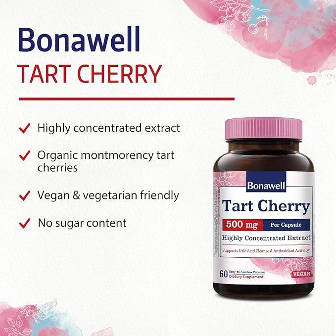 Bonawell Tart Cherry Capsule, 500mg Extract Per Capsule, Made from Montmorency Tart Cherries, Powerful Uric Acid Cleanse, Antioxidant Support, 2 Month Supply, 60 Capsules