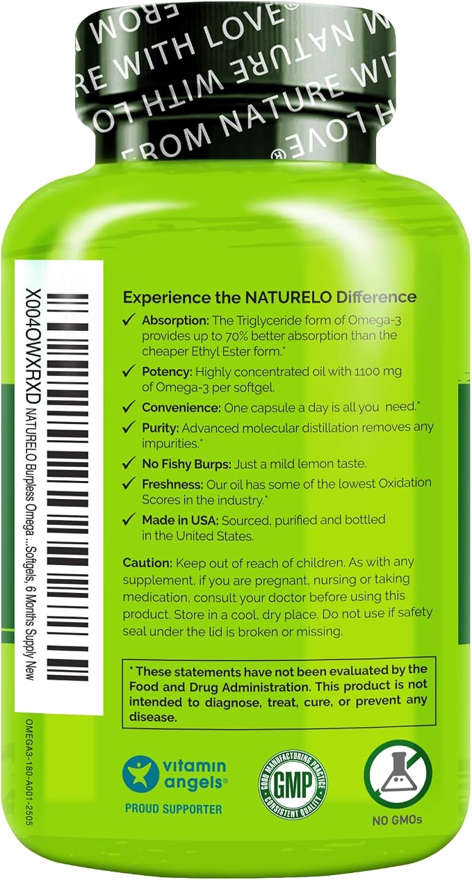 NATURELO Burpless Omega 3 Fish Oil Supplement - 1100mg Triglyceride Omega-3, EPA + DHA, for Heart, Eye, Brain, Joint Health - 180 Softgels, 6 Months Supply