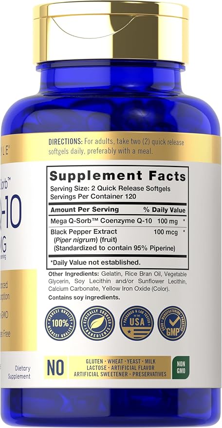 Carlyle CoQ10 100mg Softgels | 240 Count | Mega Q-Sorb Coenzyme Q-10 | with Black Pepper Extract | Non-GMO and Gluten Free Supplement