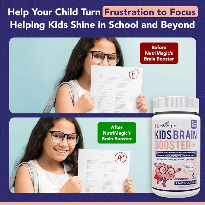 NutriMagic Kids Brain Booster+ Affron® Saffron Extract, 2IN1 Cognitive Support & Multivitamin D3, B6, B12, Zinc Gummies Supplement, Supports Focus, Attention, Memory, Mood Balance - 60 Peach Gummies