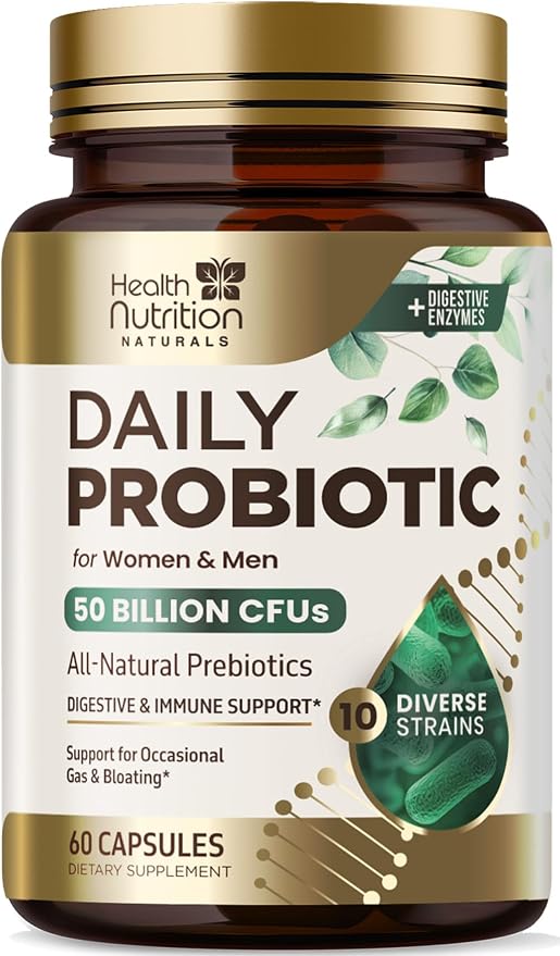 Probiotics 50 Billion CFU per Serving - 10 Strains + Prebiotics - Digestive Health, Gut & Immune Support - Occasional Constipation, Gas & Bloating Support for Women & Men, Bottled USA - 60 Capsules
