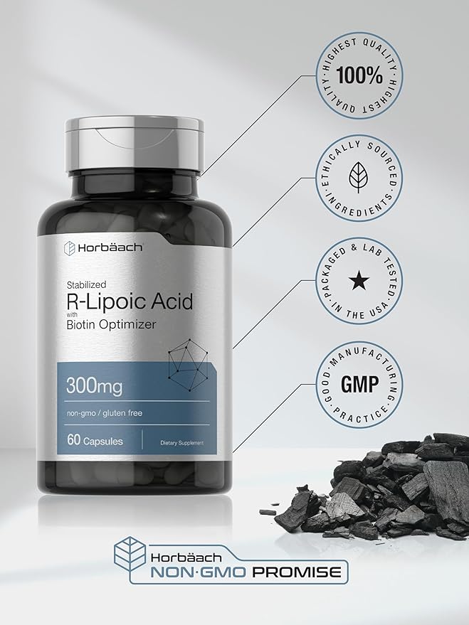 Horbäach Stabilized R-Lipoic Acid 300mg | 60 Capsules | with Biotin Optimizer | Non-GMO, Gluten Free | Na-RALA Supplement