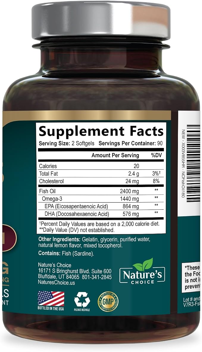 Omega 3 Fish Oil Supplements - 2400mg Fish Oil Per Serving - Triple Strength Omega-3 with Fatty Acids EPA & DHA - Natural Heart, Brain & Immune Support - Wild Caught, Bottled in USA - 180 Softgels