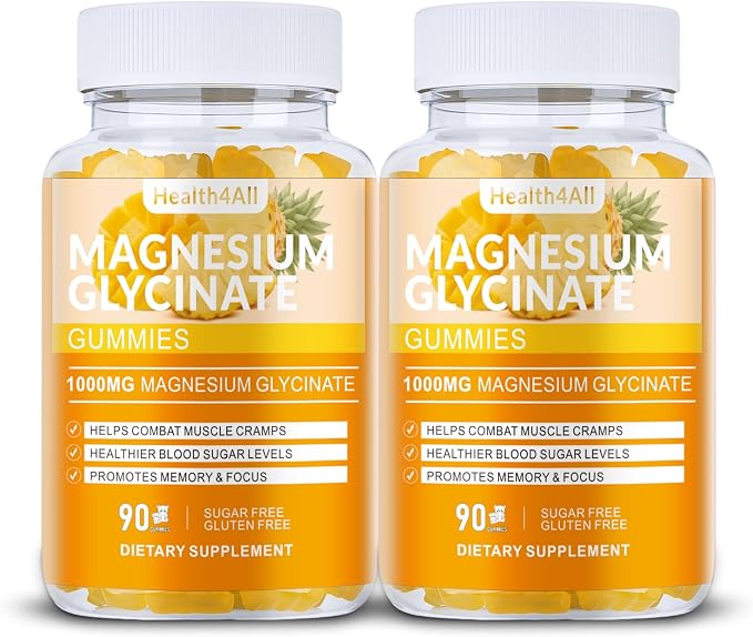 Magnesium Glycinate Gummies 1000mg, High Absorption Sugar Free Magnesium Potassium Supplement for Relaxation, Stress Relief, and Sleep Support for Adults & Kids - 180 Mango Pineapple Gummies