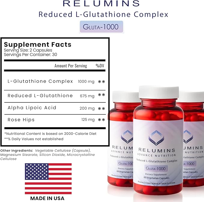 Relumins L-Glutathione Supplement Complex – Spring Glow Essential - World’s Most Advanced Reduced Glutathione 1000mg with Alpha Lipoic Acid for Smoother & Brighter Skin, Made in USA – 60 Caps x 3 Bots