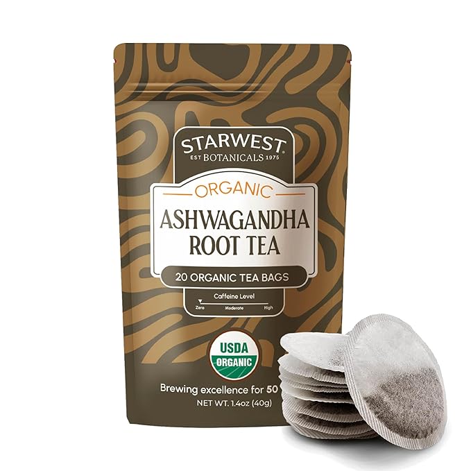 Starwest Botanicals Organic Ashwagandha Tea - Caffeine Free Herbal Tea, String Free Sachets, USDA Organic Ashwagandha Root, Non GMO - 20 Bags