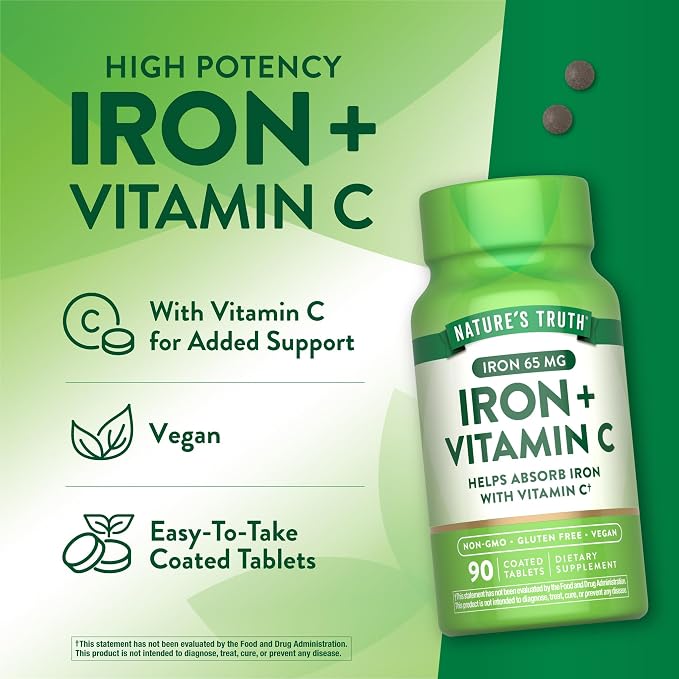 Nature's Truth Iron Plus Vitamin C Tablets | 65mg of Iron | 90 Count | High Potency | Vegan, Non-GMO & Gluten Free Supplement