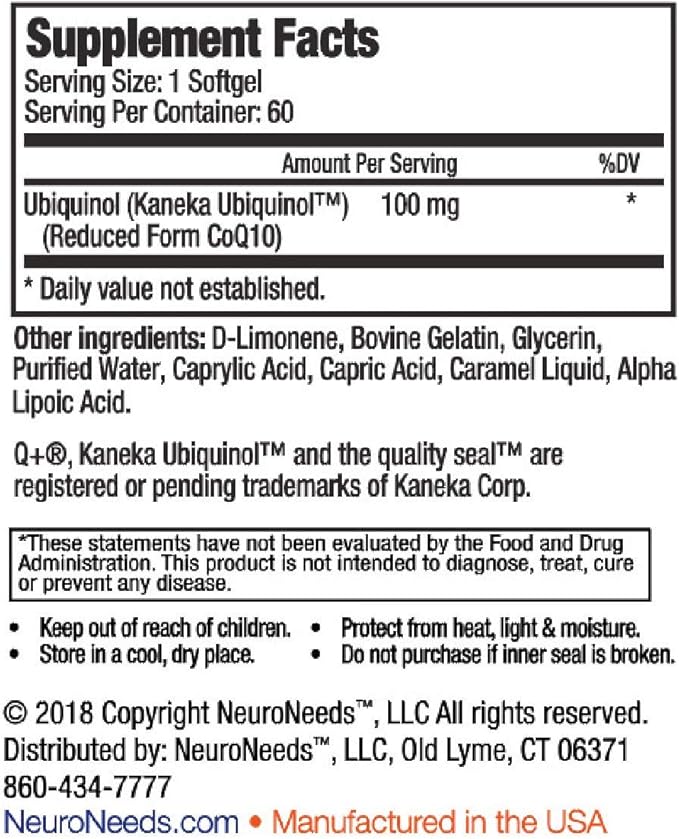 QNeeds® coqh-cf Ubiquinol 100 mg COQ10 Clinically Proven Enhanced Delivery for Maximum Absorption, Enhanced Mitochondrial Support, Antioxidant for Heart Health, 60 Count Softgels