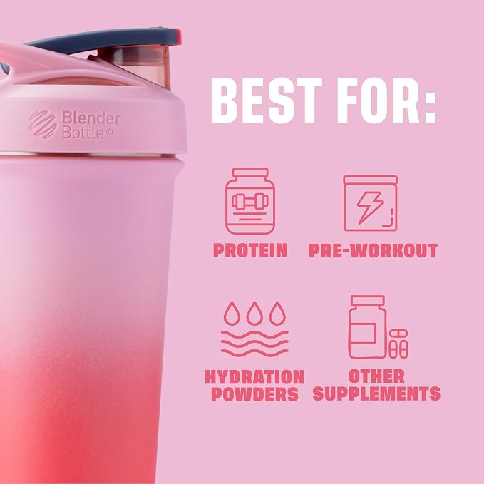 BlenderBottle Sport Sleek Insulated Stainless Steel Shaker Bottle with Wire Whisk, Protein Shakes & Hydration for Athletes & Fitness Enthusiasts, Lockable Lid, 25-Ounce, Flamingo Ombre