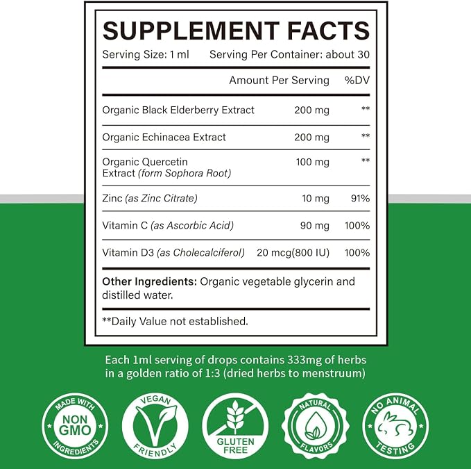 Zinc Quercetin Vitamin C D3 Liquid Immune Support with Organic Echinacea Elderberry, Immune Defense Drops Supplement for Adults- Vegan, Non-GMO, Gluten Free - 1 Fl Oz