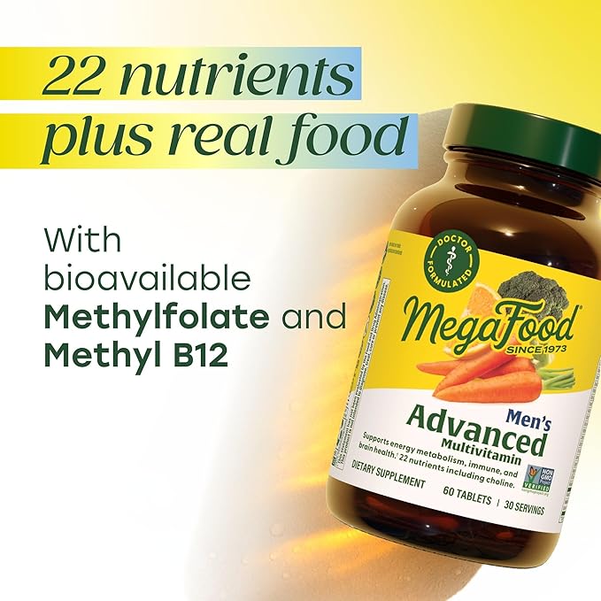 MegaFood Men's Advanced Multivitamin for Men - Doctor -Formulated - Choline, Vitamin B12, Vitamin D, Vitamin C & Zinc - Brain Health & Immune Support - Non-GMO - Vegetarian - 120 Tabs (60 Servings)