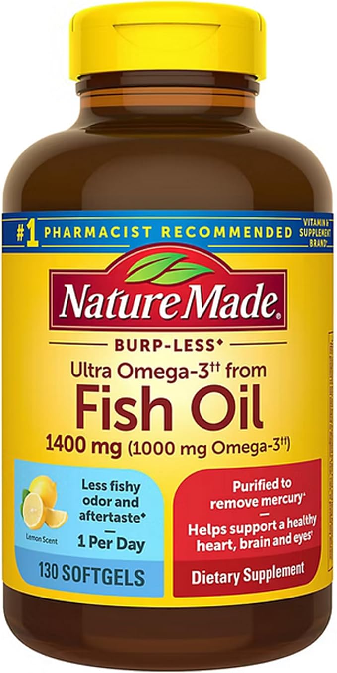 Nature Made Ultra Omega-3 Burpless Fish Oil 1400 mg Softgels w. Omega 3 1000 mg 130 Ct