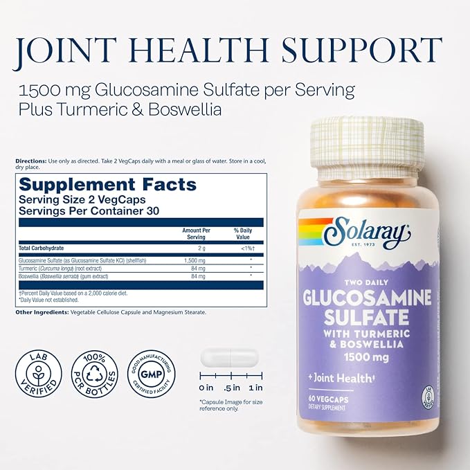 SOLARAY Glucosamine Sulfate 1500mg with Turmeric & Boswellia, Joint Health Support, 60 VegCaps (30 Servings), Two Daily