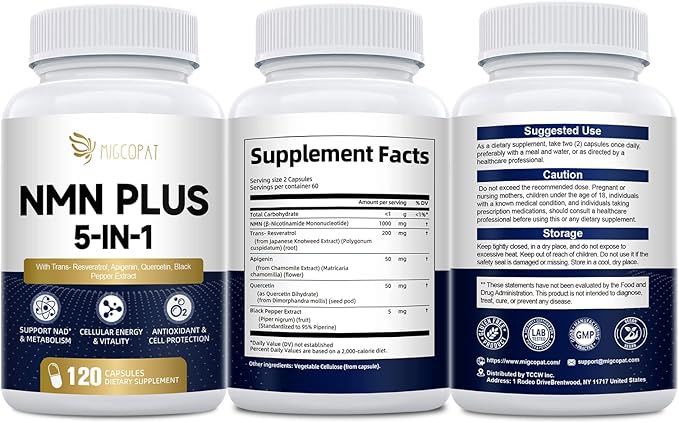 NMN Supplement 1000mg – NMNH Alternative 5-in-1 NAD Supplement w/Resveratrol, Apigenin, Quercetin & Black Pepper – Supports Cellular Energy, Healthy Aging & Longevity – 120 Veggie Capsules