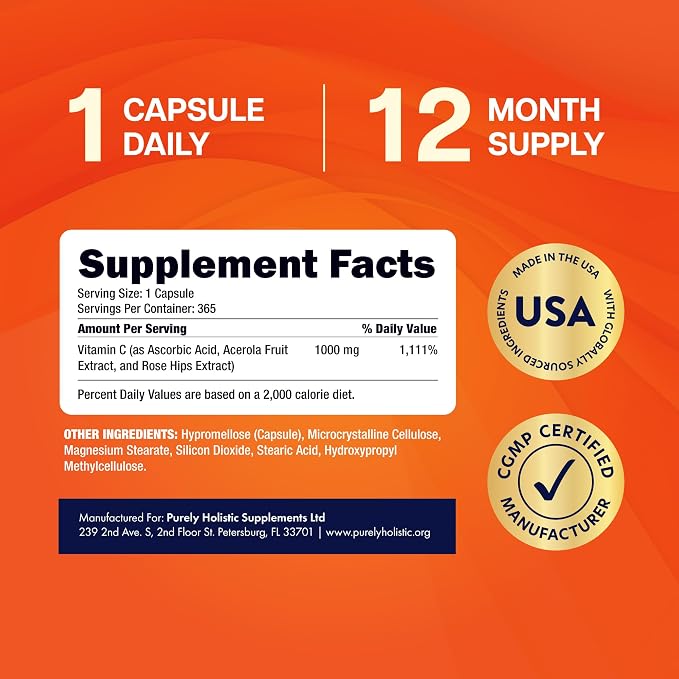 Purely Holistic Vitamin C 1000mg, 365 Capsules, 12 Month Supply, 2 Stage Timed Release with Ascorbic Acid, Rosehip & Acerola Cherry Bioflavonoid, Immune System Support, Vegan