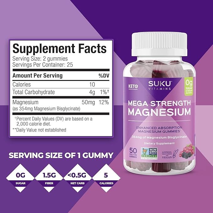 SUKU Vitamins - Mega Strength Magnesium - 177 mg of Magnesium Bisglycinate Gummies for Muscle Function - Easy to Chew - Non GMO, Gluten Sugar Free - Grape BlackBerry Flavored Gummy Vitamins (50 Count)