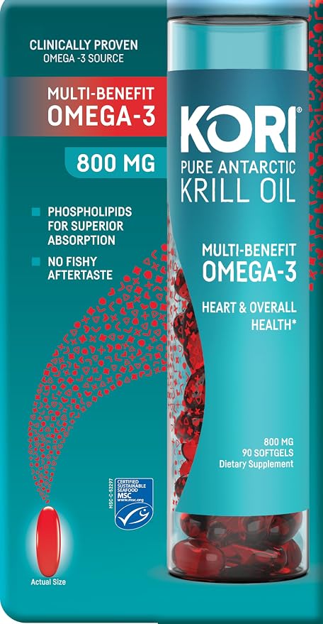 Kori Krill Antarctic Krill Oil Omega 3 Supplement, EPA & DHA, Superior Absorption vs Fish-Oil, 800 mg, 90 softgels