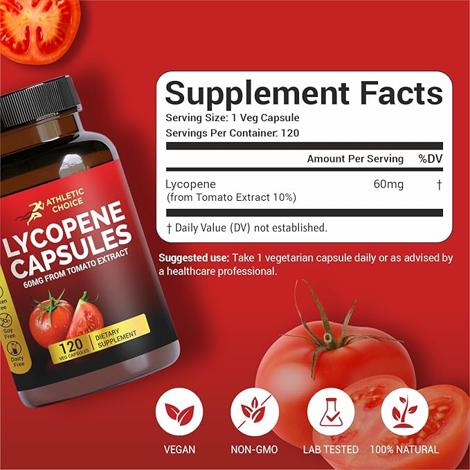 Lycopene Supplement for Men 60mg, Natural Tomato Extract Powder, 120 Veggie Capsules, Carotenoid Supplement for Daily Wellness, Vegan, Non-GMO & Gluten-Free Lycopene Complex