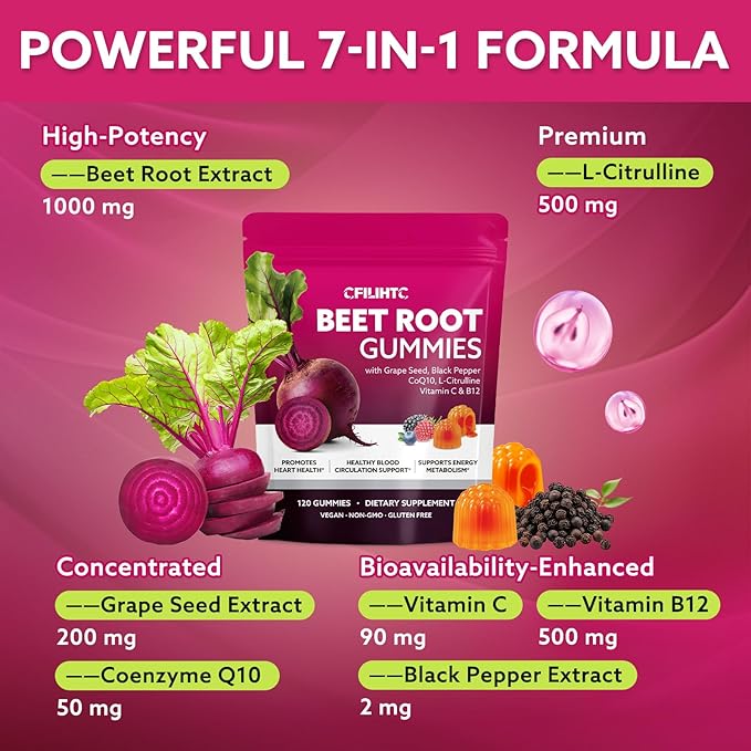 Beetroot Gummies - Beet Root for High Blood Pressure Supplements with Grape Seed Extract + CoQ10 + Black Pepper Extract + L-Citrulline + Vitamin C B12 Ultimate Heart for Blood Flow & Energy, 120 Count