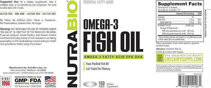 NutraBio Omega 3 Fish Oil Supplements, 2,000mg, 150 Softgels - EPA DHA Omega 3 Fatty Acid Supplement to Help Support a Healthy Heart