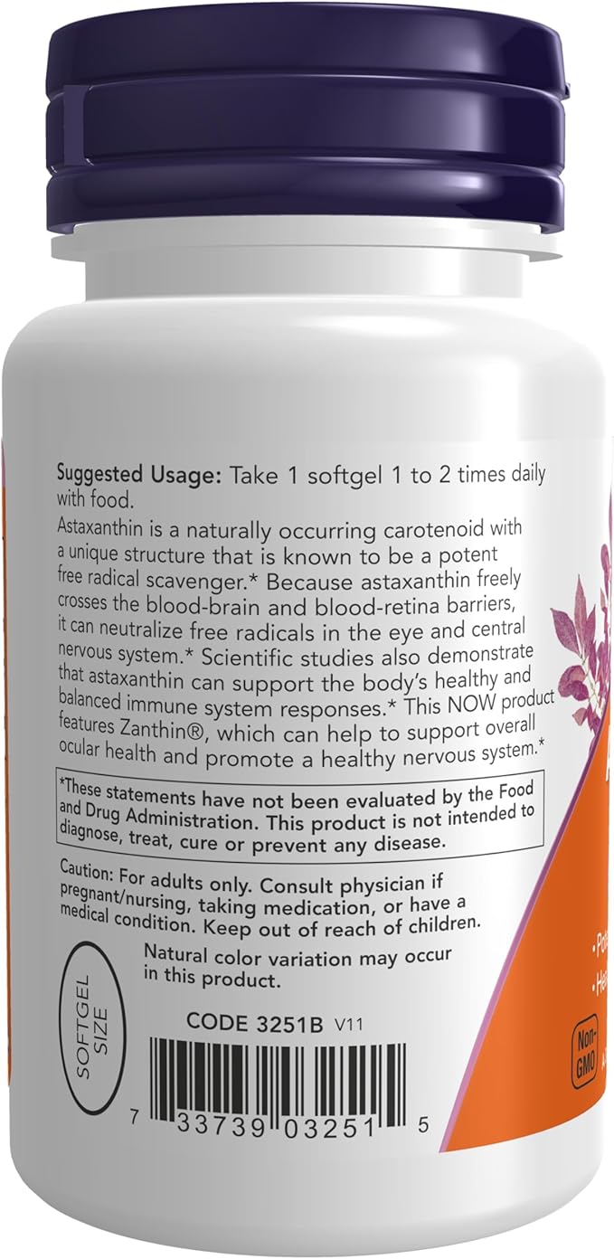 NOW Foods Supplements, Astaxanthin 4 mg, features Zanthin®, Supports Eye Health*, 60 Veg Softgels